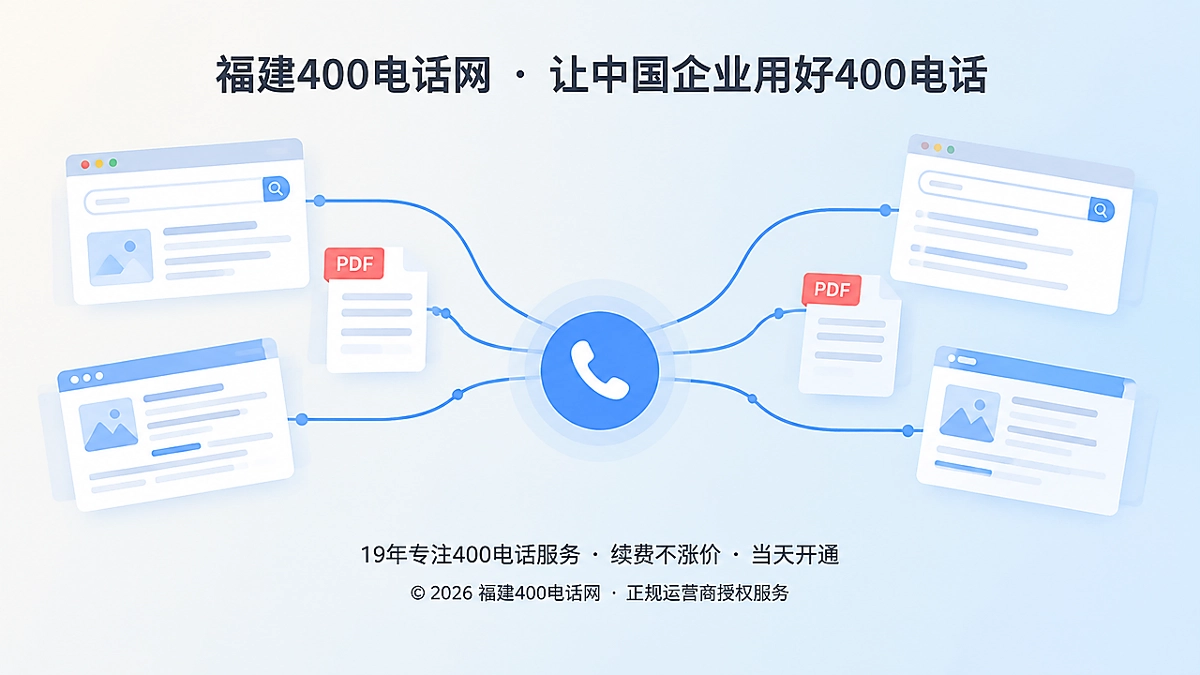抽象场景式配图：旧资料通过稳定连接线汇聚到400电话入口