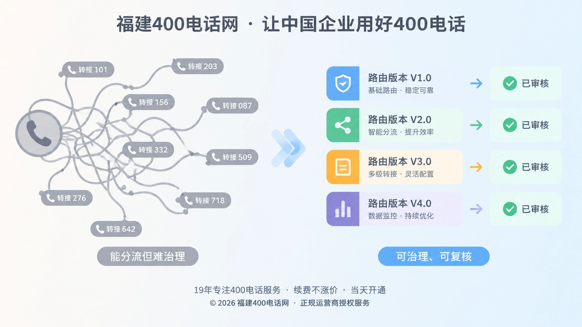 对比式扁平插画：左侧杂乱电话线路，右侧整齐的路由版本治理卡片