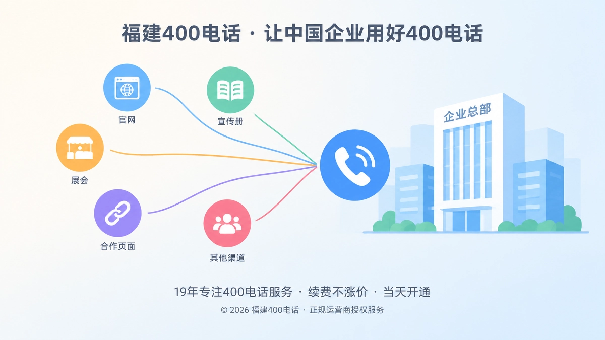多个公开联系入口汇入企业400电话的抽象示意图